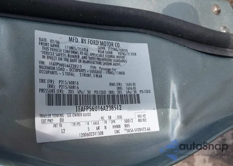 2006 Ford Taurus Sel из США, поврежденный, VIN 1FAFP56U16A238512